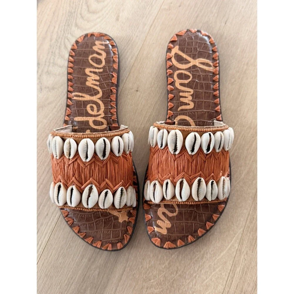Sam Edelman Raffia Brown Seashell Beachy Gale Slide Sandals Sz 8.5